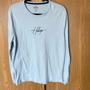HOLLISTER MEN’S M POWDER BLUE LONG SLEEVE T-SHIRT BLACK EMBROIDERED MONOGRAM
